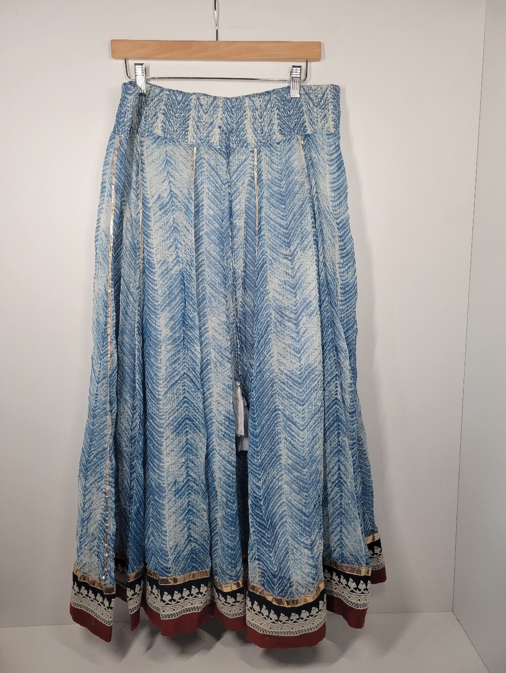 Soft Surroundings Rhoda Blue White Chevron Tassel Boho Indie Maxi Skirt Sz L NWT